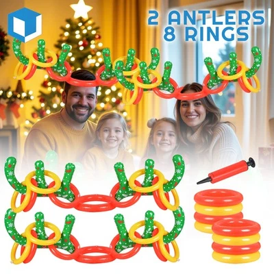 Anillo de asta de reno inflable de Navidad juego de lanzamiento 2 astas y 8 anillos regalos Foto 1 de 4
