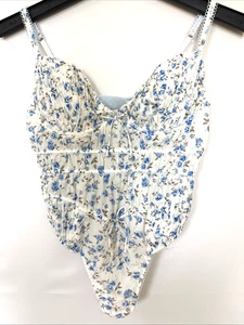 For Love & Lemons Bodysuit Teddy Size L White Blue Flower Pintuck Thong Fairy - Picture 1 of 20