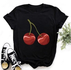 Women's Cherry Graphic T-Shirt Short Sleeve Girls Crew Neck Casual Trendy Top - Picture 1 of 16