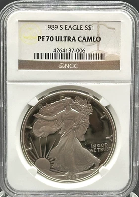 1989-S 1oz American Silver Eagle PF 70 Ultra Cameo NGC *STL - Image 1 of 2