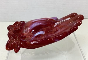 Vintage Boyd Art Glass Hand & Rose Figurine Red Slag Cadmium Glow Trinket Dish - Picture 1 of 11