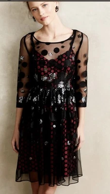 Vestido Plenty By Tracey Reese Negro y Rojo Lentejuelas Punto Estella Malla Espalda Abierta Talla Foto 1 de 4