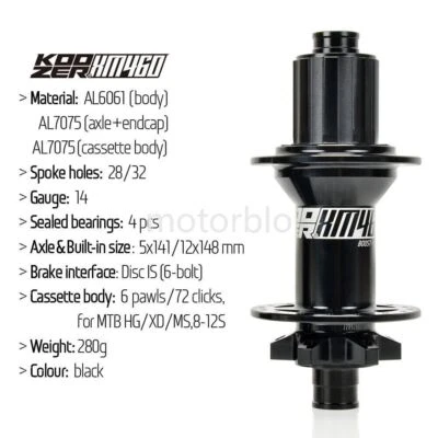 Buje trasero KOOZER XM460 Boost MTB 32H 12x148 mm freno de disco HG para SHIMANO 8-11S Foto 1 de 4