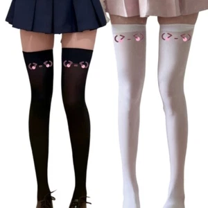 Women Silk Thigh High Stockings Anime Expression Print Japanese JK Long Socks - Picture 1 of 10