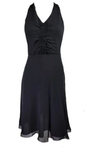 Neu mit Etikett Ann Taylor Damenkleid schwarz 100 % Seide hinten zum Binden V-Ausschnitt geraffter Volant - Bild 1 von 6