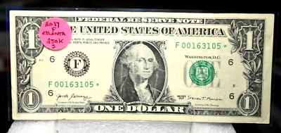 VERY RARE FROM SHEET 2017 $1.00 STAR NOTE  VERY RARE LOW RUN 250K GOOD COND - Image 1 of 2