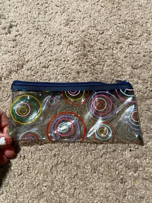8" x 3.25" Pouch Clear Blue Navy Circle Design School Pencil Very Good - Image 1 of 3