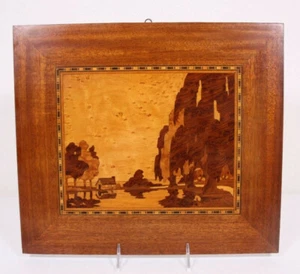 Hand Inlaid Wood Art Burl Wood Lake Cabin Landscape 12x14 Vtg Picture Plaque - Picture 1 of 12