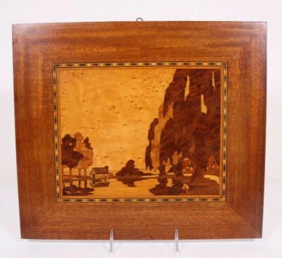 Hand Inlaid Wood Art Burl Wood Lake Cabin Landscape 12x14 Vtg Picture Plaque - Image 1 of 4