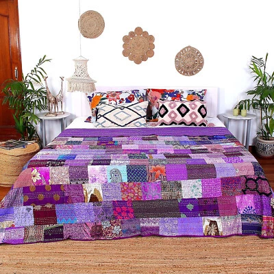 Colcha Kantha Boho púrpura King retazos hecha a mano edredón manta hippie Foto 1 de 4