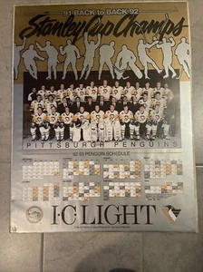 1992-93 PITTSBURGH PENGUINS IC LIGHT BEER POSTER - 91-92 Back To Back Champs - Picture 1 of 12