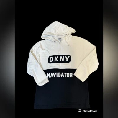 Sudadera con Capucha Donna Karan "DKNY NAVIGATOR" Blanca Negra Bloque de Color Pequeña De Colección Años 90 Foto 1 de 4
