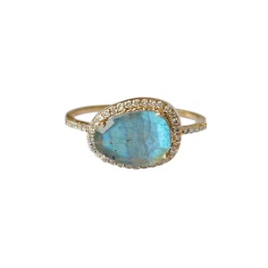 1.95ct Real Labradorite Gemstone & Pave Natural Diamond Halo Ring Solid 14k Gold - Picture 1 of 17