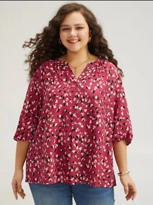 BloomChic Allover Print Notched Lantern Sleeve Blouse Size 22-24/3X Red Violet - Picture 1 of 4