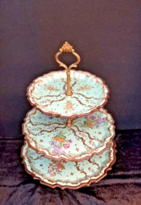 Victorian Cake Stand, 3 tier, Antique /Ceramic/Brass. Green.Floral. WONG LEE - Picture 1 of 19