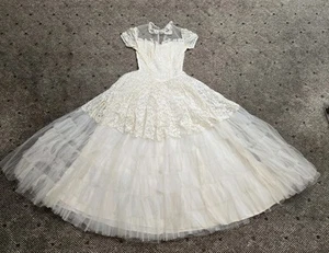 Vintage 50er Jahre weiß Pailletten Illusion Tüll Brautkleid Spitze Größe XXSmall Braut - Bild 1 von 24