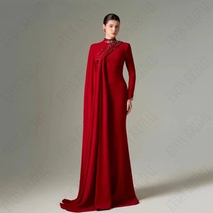 High Neck Long Sleeves Formal Evening Gown Beading Satin Dresses Mermaid - Picture 1 of 15