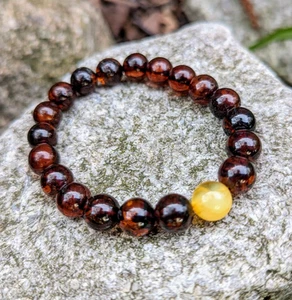 Cognac Amber Beads Bracelet One White Bead 10mm Natural Baltic Adult Jewelry - Picture 1 of 7