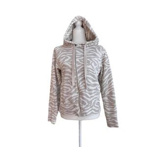 Zella beige Zebrastreifen Langarm Kapuze durchgehender Reißverschluss Jacke Damen Größe S - Bild 1 von 15