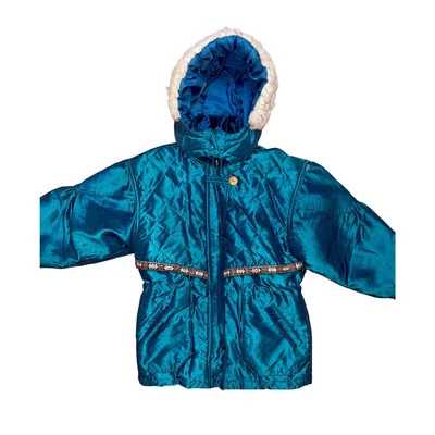 Girls Vintage Blue/Green Puffy Coat with Furry Hood and Decorative Trim  - Image 1 of 4