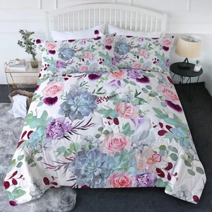 Rose Comforter Set 3 Piece Watercolor Botanical Bedding Set 1 Pink Rose Print - Picture 1 of 6
