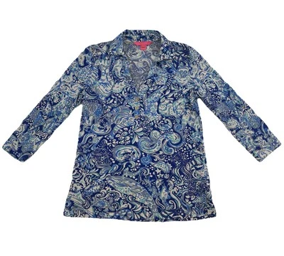 Топ женский Lilly Pulitzer Ansley Polo с рукавами 3/4 размер XS синий цветочный пейсли - Изображение 1 из 4