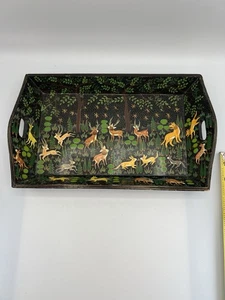 Hand-Painted Black Lacquered Wood Serving Tray Wildlife Forest Animals Scene - Picture 1 of 9