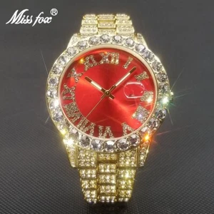 MISSFOX Men's Ice Out Watch Quartz Waterproof Stainless Steel Red Dial Gift NEW - Picture 1 of 5