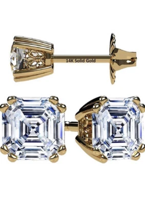 Asscher Cut Simulated Diamond 14K Solid Gold Post 4.00 Ct/8mm 925 Stud Earrings - Image 1 of 2
