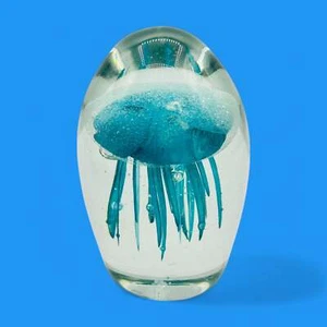 Teal Jellyfish Glass Paperweight - Vintage Charm - Glows in the Dark - Picture 1 of 10