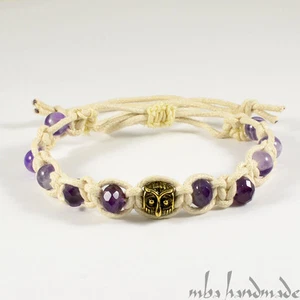 MEN'S FACETED AMETHYST NATURAL GEMSTONE BEADED SHAMBALLA BRACELET OWL - Picture 1 of 2