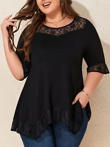 Womens Lace Casual Tunic T-shirts Ladies 3/4 Sleeve Loose Blouse Tops Plus Size - Picture 1 of 8