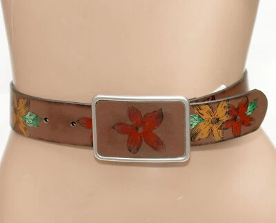 ABERCROMBIE & FITCH Painted Brown Floral Belt and Buckle - Size XS/S - 32" Long - Image 1 of 4