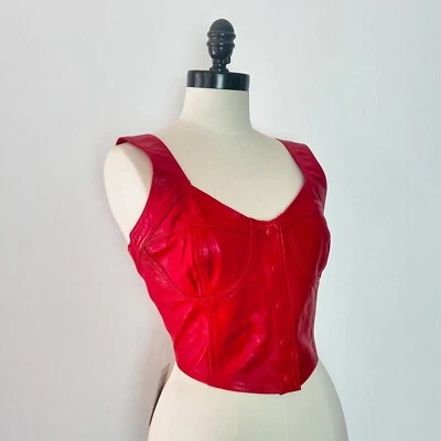 DEADSTOCK SANZZINI 1990’S 90s Cuero Rojo Acanalado Trasero Recortado Top Bustier L 38-42 Foto 1 de 4
