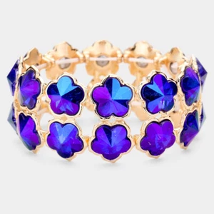 NEW Double Row Blue Purple Shift AB Crystal Flower Gold Tone Stretch Bracelet - Picture 1 of 1
