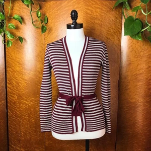SILVER LUREX & Burgundy MACY’S 70’s 70s Vintage Striped Cardigan Sweater S M - Picture 1 of 10