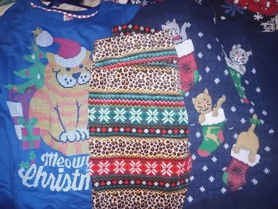 2 Christmas Cat Sweatshirts Blue XL Leopard Print Holiday Red Green Leggings XXL - Image 1 of 4