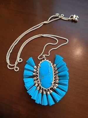 Kendra Scott Betsy Gold Tone Long Drop Aqua Color Pendant Necklace Tassel EUC - Image 1 of 3