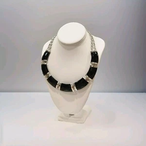Grueso Collar de Ónix Factado Plata de Ley Grueso Doble Cadena Firmado E - Imagen 1 de 8