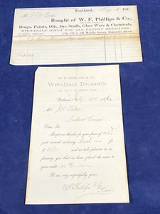 Recibo y carta 1876 ~ W.F. Phillips & Co. Venta al por mayor DRUGGIST, Portland Maine - Imagen 1 de 5