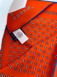 brand new hermes pocket square silk; orange with blue step and repeat logo - Picture 1 of 6