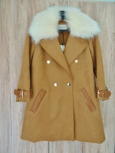 RIVER ISLAND TAN/BROWN SUEDE EFFECT SWING COAT WITH FAUX FUR COLLAR SIZE UK 10 - Picture 1 of 11