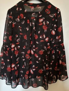 KENSIE Printed High-Low Top Blouse Black & Red Floral Long Sleeve Sz M $79 - Picture 1 of 8