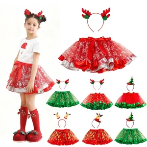 Niños Niñas Navidad Tutú Falda + Conjunto de Prendas para la Cabeza Fiesta de Navidad Juegos con disfraces Princesa Disfraz - Imagen 1 de 29