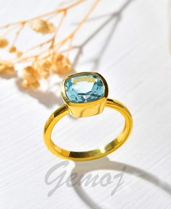Aquamarine Engagement Ring Gold Plated Aquamarine Ring Sterling Silver Ring - Picture 1 of 7