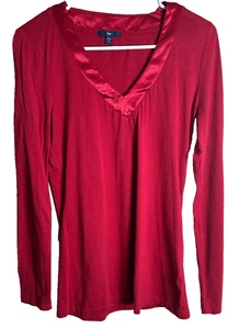 Gap Damen rot V-Ausschnitt Top Satinbesatz um V Langarm Urlaub Weihnachten S-M - Bild 1 von 5