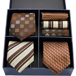 Classic Slim 3 Ties, 3 Hanky Brown Striped/plaid Necktie Business with Gift Box - Picture 1 of 3