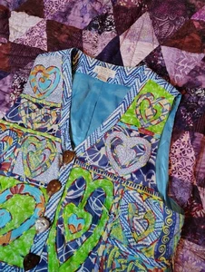 Vintage Sandy Starkman Patchwork Weste Jacke groß blau Herz Applikation Kunst - Bild 1 von 8