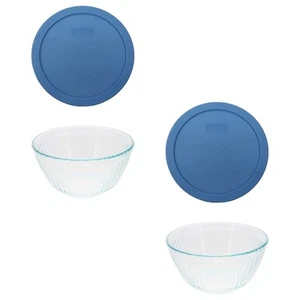 Pyrex (2) 7402 Sculpted Glass Mixing Bowls and (2) 7402-PC Blue Cornflower Lids - Picture 1 of 3