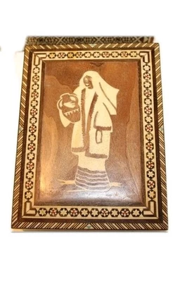 Inlaid Wood Marquetry Jewelry Trinket Box Middle Eastern Mosaic Red Felt Lined - Image 1 of 3